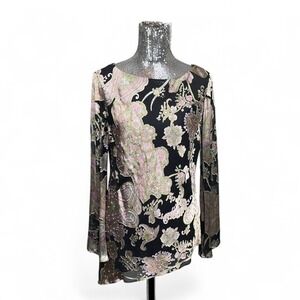 Boho Romantic Silk Paisley Sheer Beaded Bell Sleeve‎ Asymmetrical Hem Top Large
